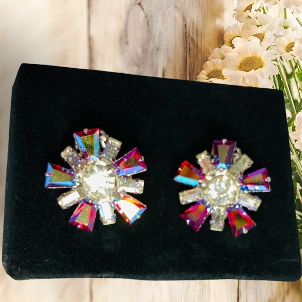 B David VTG Crystal Starburst AB Clip On Earrings​​​​